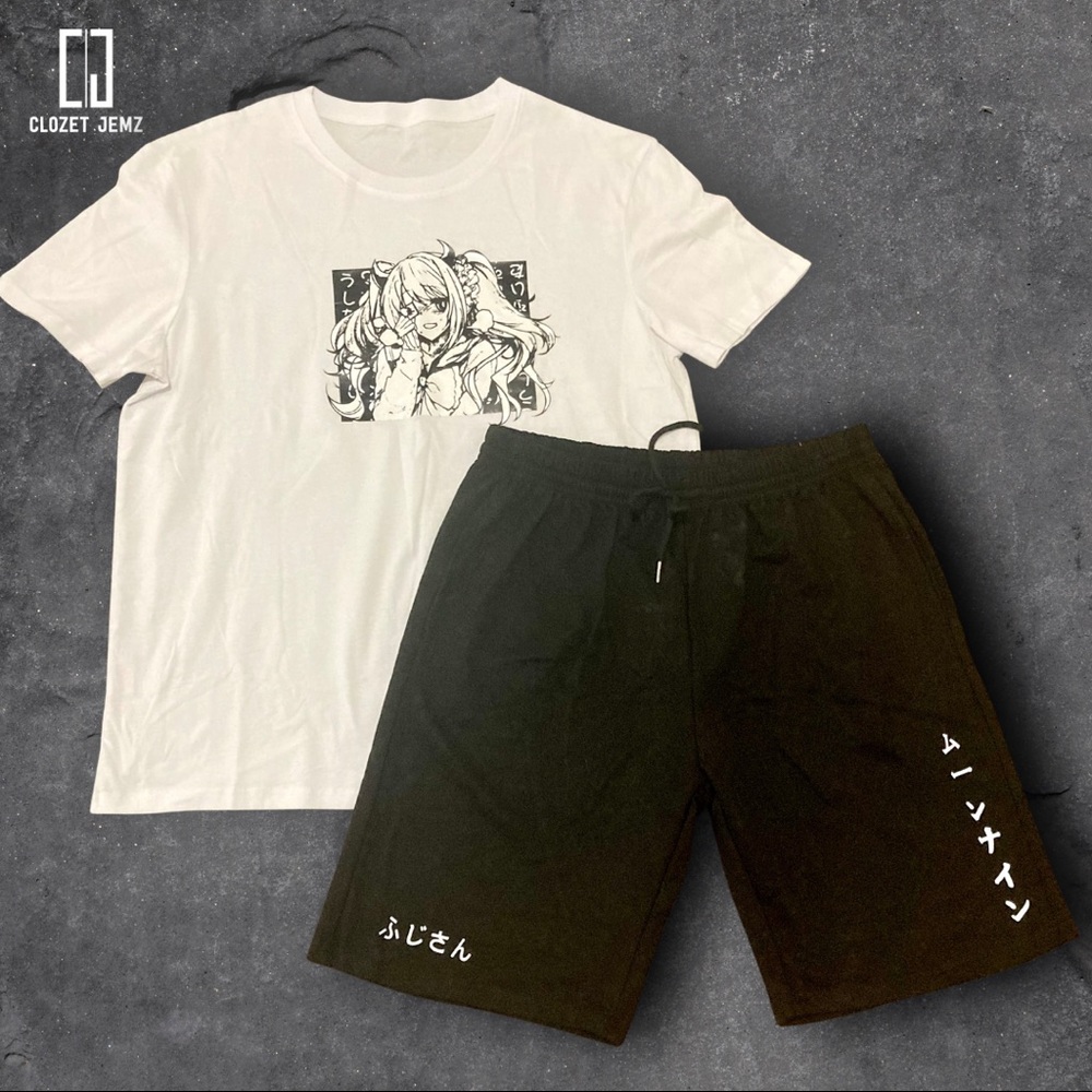 Men's Large White Anime T-shirt & Black Shorts Set